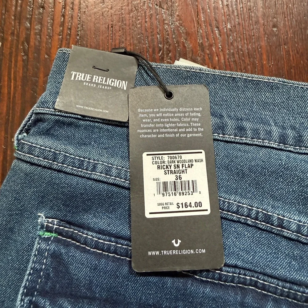True Religion Jeans Mens 36x34 Blue Ricky Relaxed Straight Flap‎ Faded Whiskers